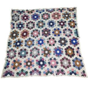 Vintage Handmade Crochet Granny Square Blanket Throw Floral Multicolor 75" x 75"